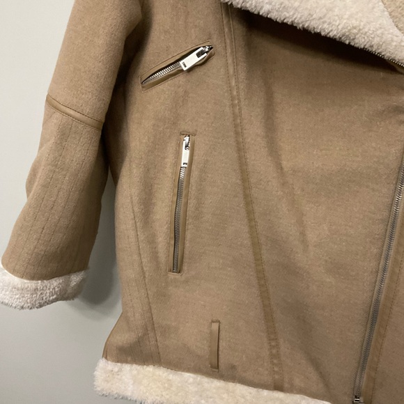 Zara Faux Fur Shearling and Suede Aviator Bomber Jacket Tan Beige Medium - Picture 6 of 13